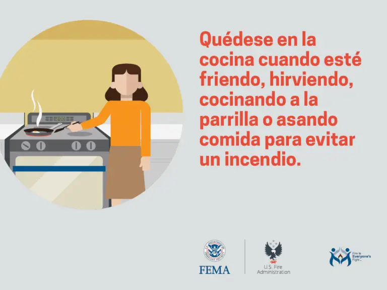 A woman attentively cooking on a stove with a safety message that reads: "stay in the kitchen when frying, boiling, grilling, or broiling food to prevent a fire." the logos of fema, us fire administration, and fire is everyone's fight appear at the bottom.