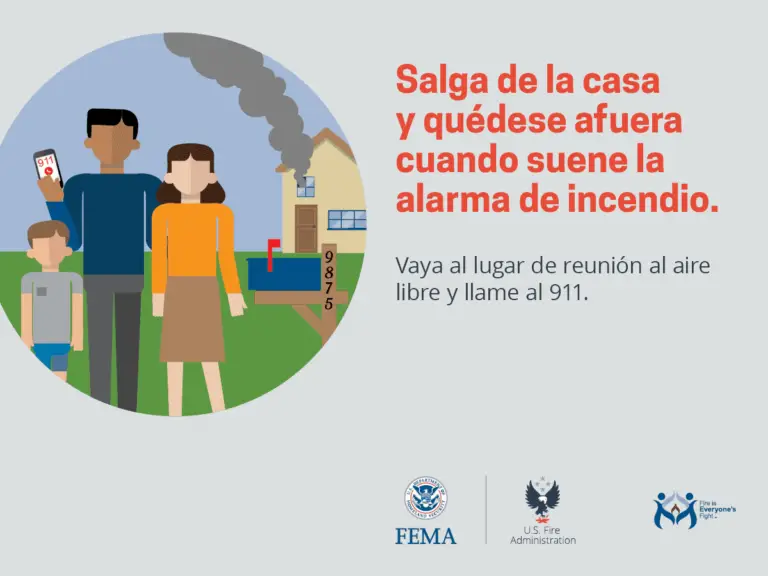 An informative illustration depicting a family evacuating their home due to a fire, following the instructions to gather at an outdoor meeting point and call 911 for emergency assistance, with logos from fema, us fire administration, and fire is everyone’s fight present, indicating a public safety message.