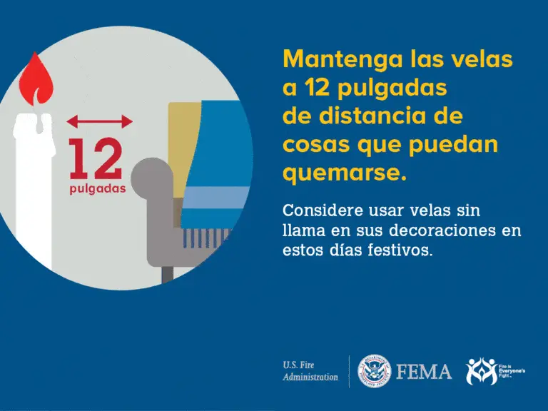 Ilustración de una vela encendida con una flecha que indica 12 pulgadas de distancia de un sillón, con el texto: "Mantenga las velas a 12 pulgadas de distancia de cosas que puedan quemarse".