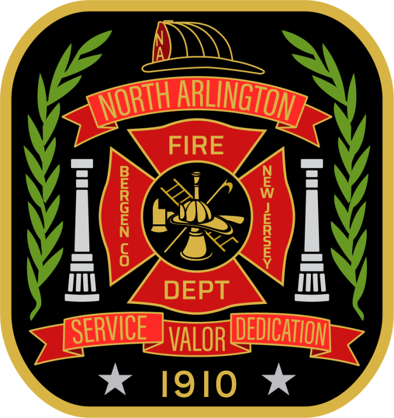 A fire department badge with "North Arlington Fire Dept, Bergen Co, New Jersey" and "Service, Valor, Dedication." It features fire equipment, green laurel branches, and the year 1910.